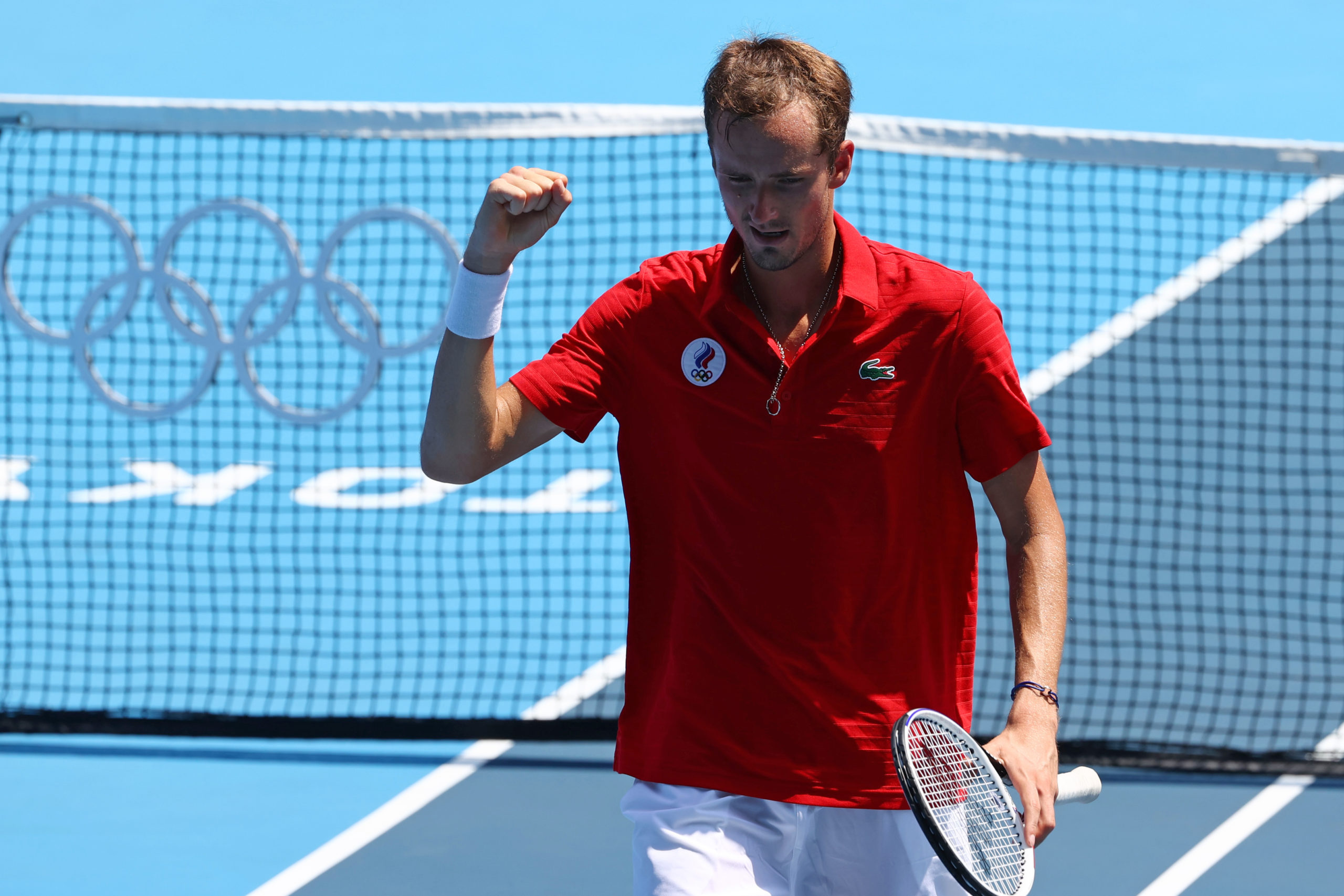 Daniil Medvedev of the Russian Olympic Committee reacts during his third round match against Fabio Fognini of Italy 
