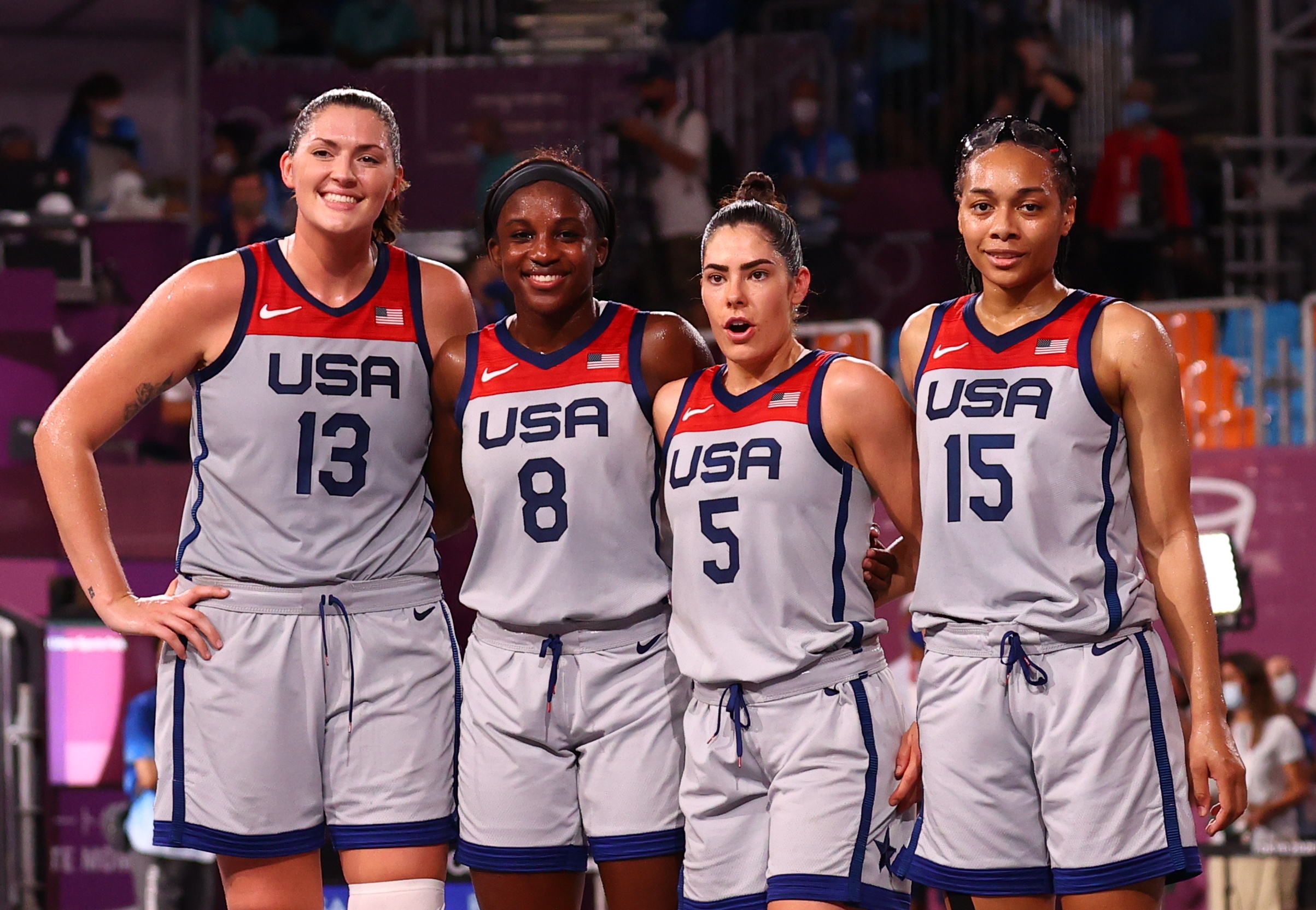   Allisha Gray of the United States,  Kelsey Plum of the United States , Stefanie Dolson of the United States and Jacquelyn Young of the United States pose for a picture after the match. 