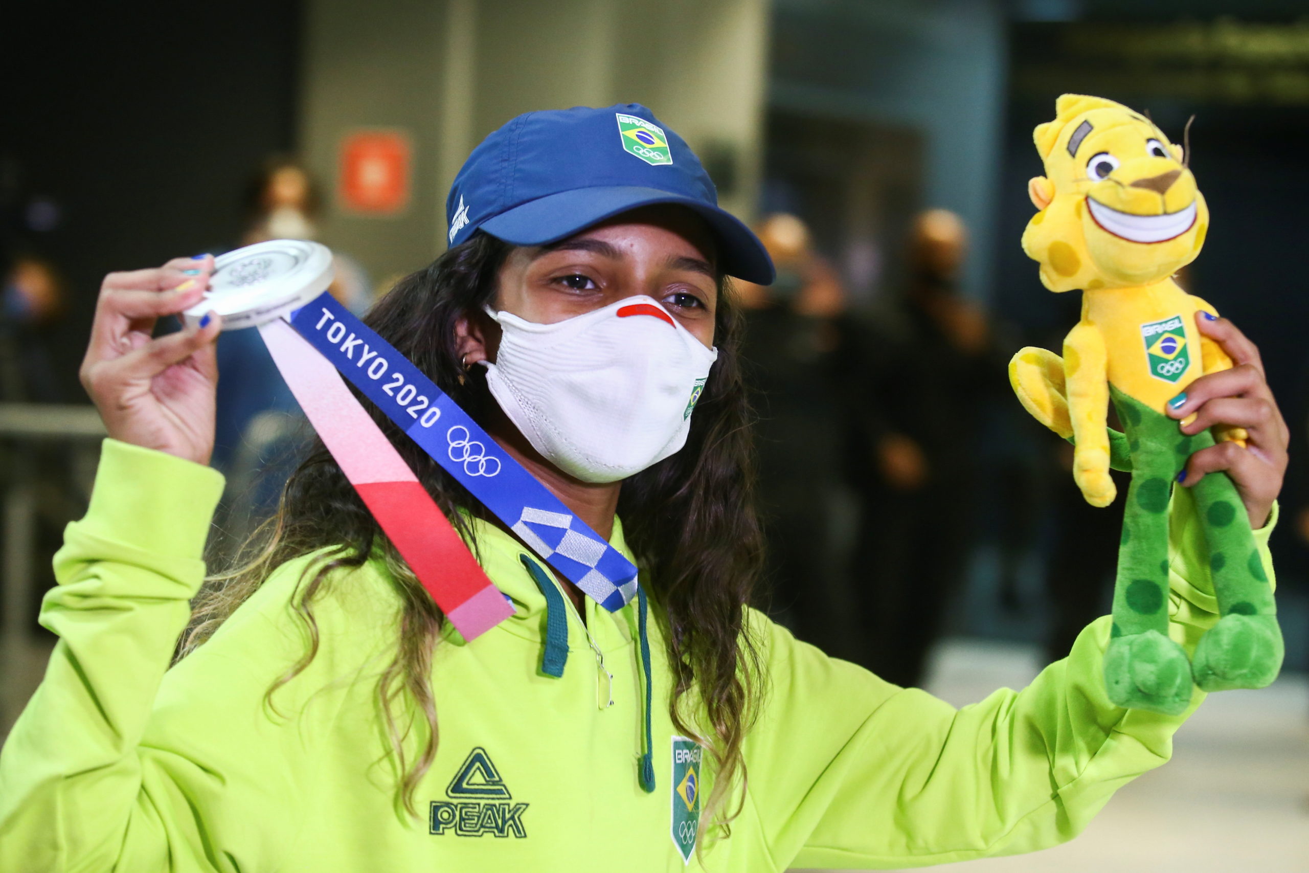 Brazilian skateboarder Rayssa Leal who won the silver medal at Tokyo 2020 Olympics, arrives at the Guarulhos International Airport, near Sao Paulo, Brazil, July 28, 2021