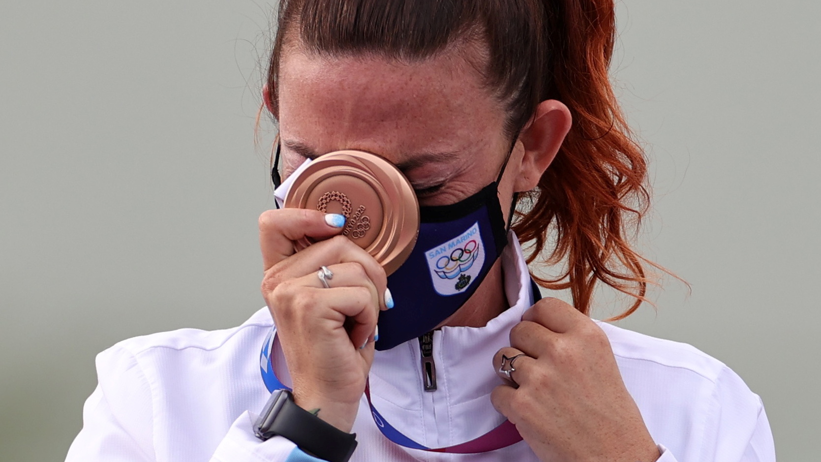 Bronze medalist Alessandra Perilli of San Marino reacts 