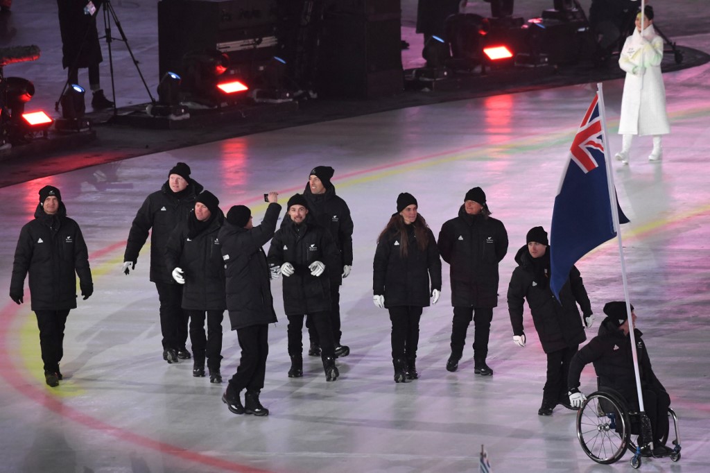 The New Zealand delegation parades during the opening ceremony of the Pyeongchang 2018 Winter Paralympic Games at the Pyeongchang Stadium on March 9, 2018.
