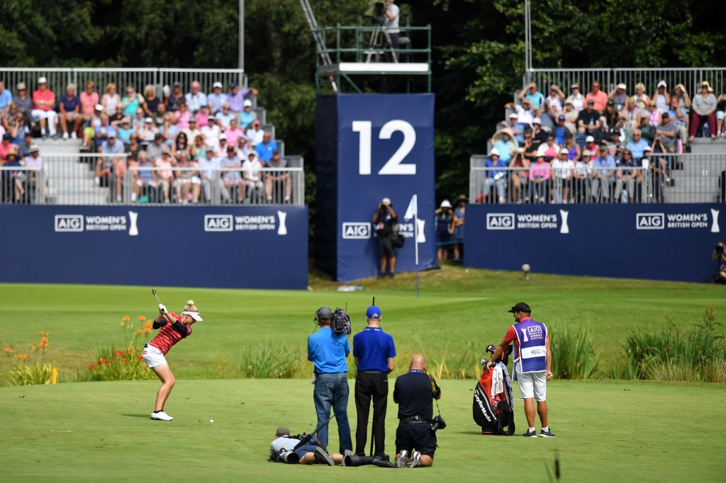 England's Charley Hull plays the second shot on the 12th on the second day of the 2019 Women's British Open golf championship at Woburn Golf Club, in Milton Keynes, north of London, on August 2, 2019.