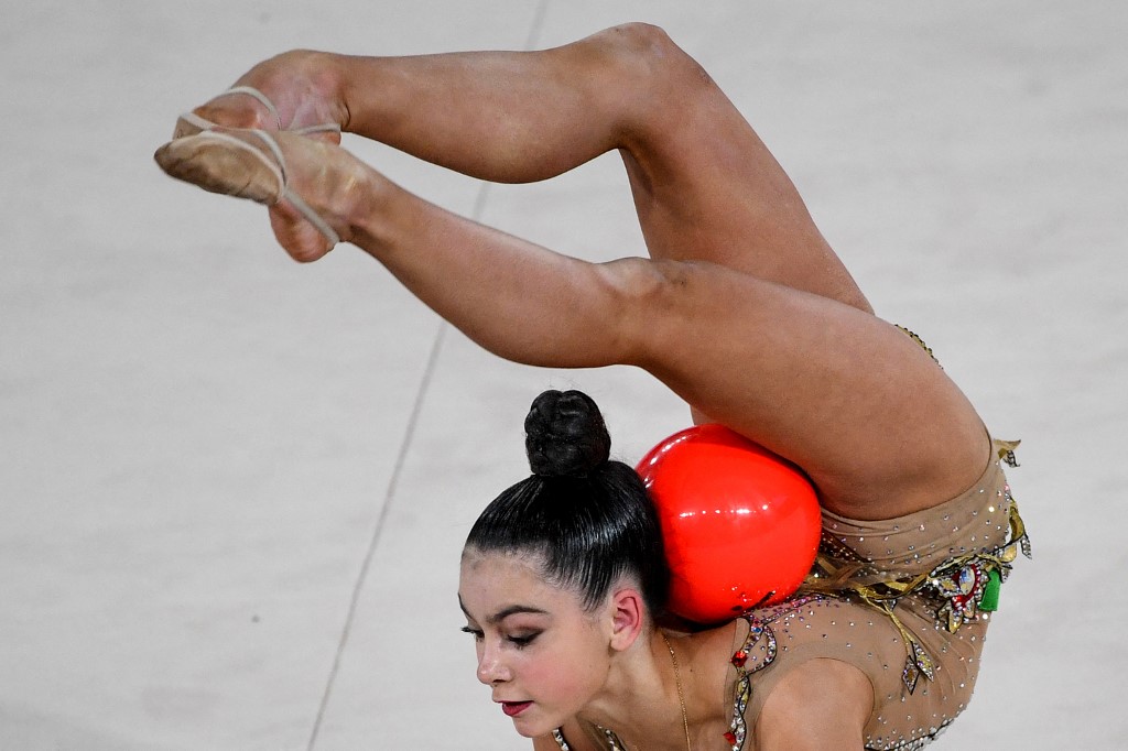 Russia's Lala Kramarenko competes in the ball event of the Rhythmic Gymnastics Alina Kabaeva's Champions cup in Moscow on February 7, 2020. 