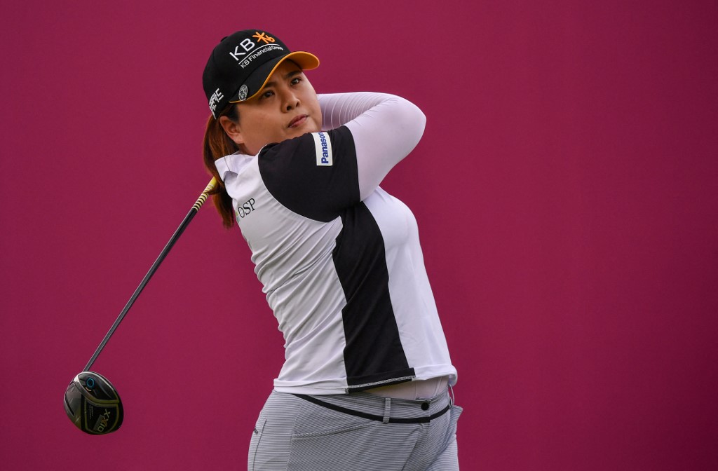 Inbee Park from South Korea looks on as she competes during the Amundi Evian Championship in the French Alps town of Evian-les-Bains, a major tournament on the women's calendar, on July 24, 2021. 