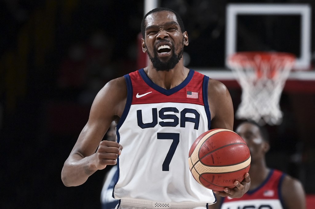 USA's Kevin Wayne Durant reacts during the men's final basketball match between France and USA during the Tokyo 2020 Olympic Games at the Saitama Super Arena in Saitama on August 7, 2021. 