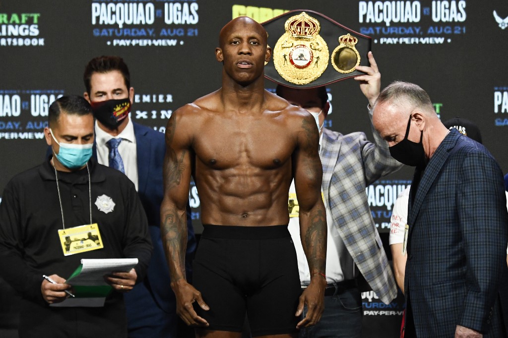 WBA welterweight champion Yordenis Ugas of Cuba weighs-in before his fight against Senator Manny Pacquiao of the Philippines (not pictured) on August 20, 2021 at MGM Grand Garden Arena in Las Vegas, Nevada. 