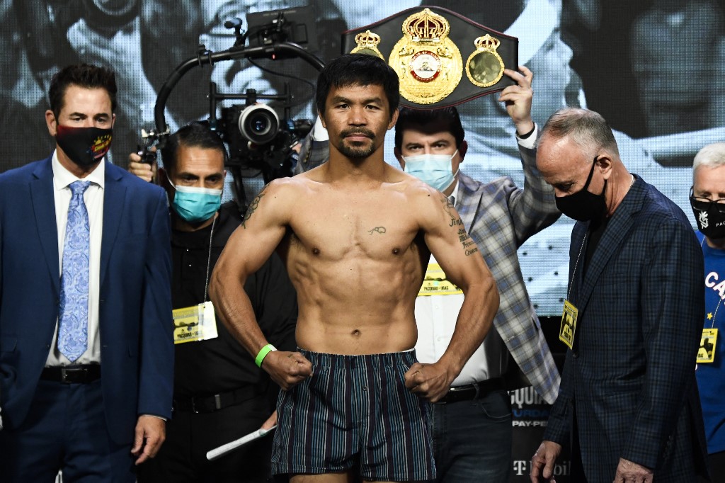 ) on August 20, 2021 at MGM Grand Garden Arena in Las Vegas, Nevada. - Pacquiao and Ugas will fight Saturday August 21 at T-Mobile Arena. 