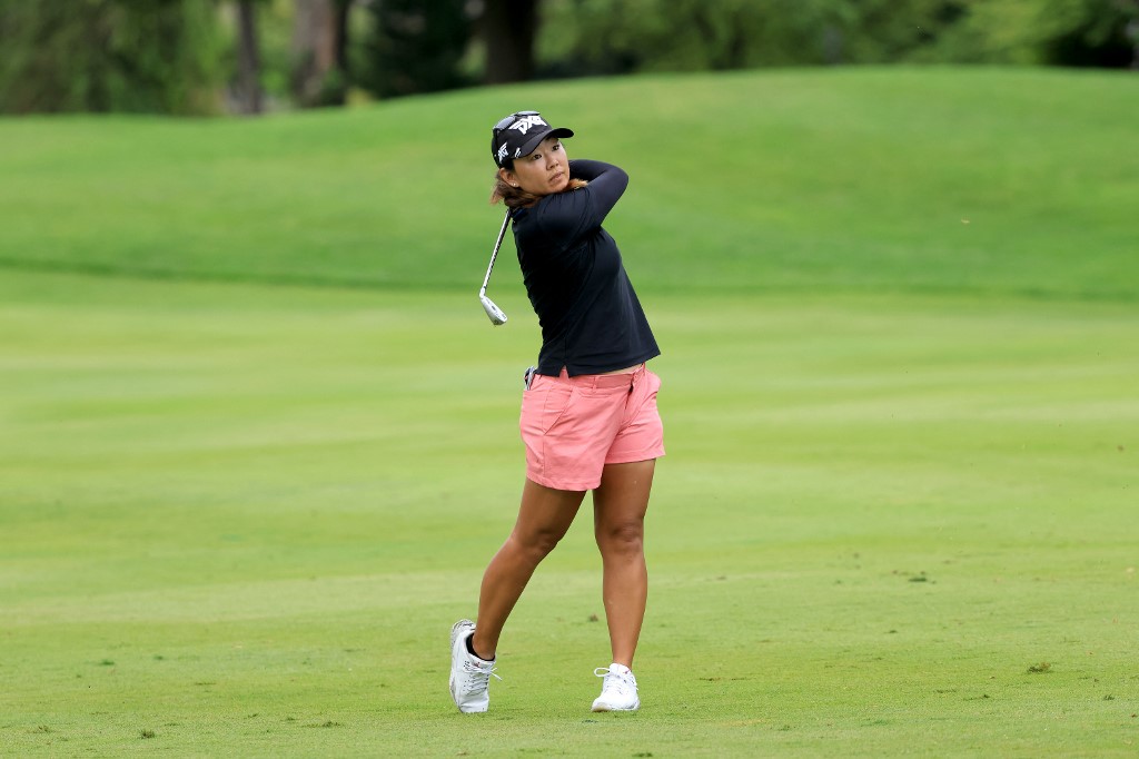 Mina Harigae plays a shot on the 16th hole during the second round of the Dow Great Lakes Bay Invitational at Midland Country Club on July 15, 2021 in Midland, Michigan.