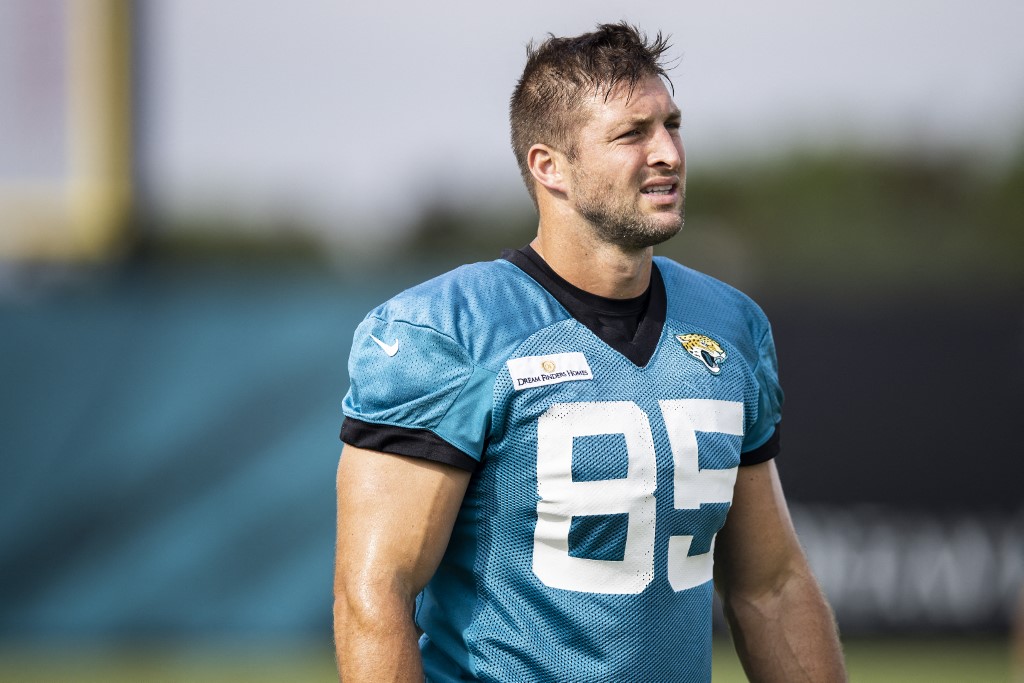 Tim Tebow #85 of the Jacksonville Jaguars looks on during Training Camp at TIAA Bank Field on July 30, 2021 in Jacksonville, Florida. 