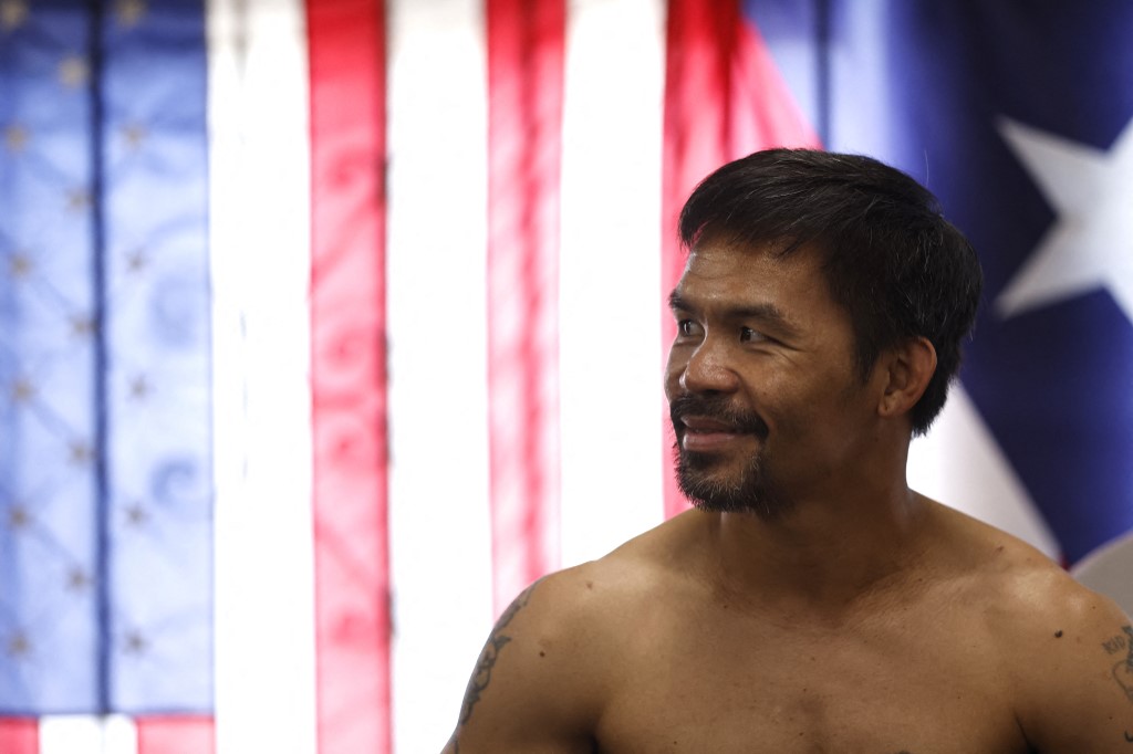 Manny Pacquiao poses for media at Wild Card Boxing Club on August 04, 2021 in Los Angeles, California ahead of his fight against Errol Spence Jr. on Aug. 21 at T-Mobile Arena in Las Vegas.