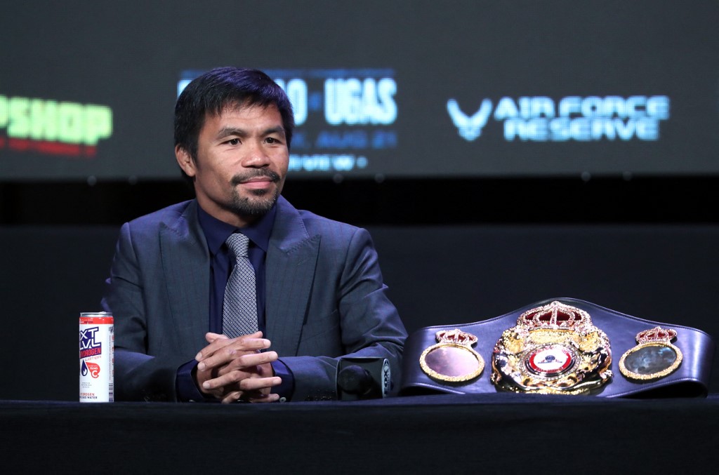 Manny Pacquiao attends a news conference at MGM Grand Garden Arena on August 18, 2021 in Las Vegas, Nevada. Pacquiao will challenge WBA welterweight champion Yordenis Ugas for his title at T-Mobile Arena on August 21 in Las Vegas. 
