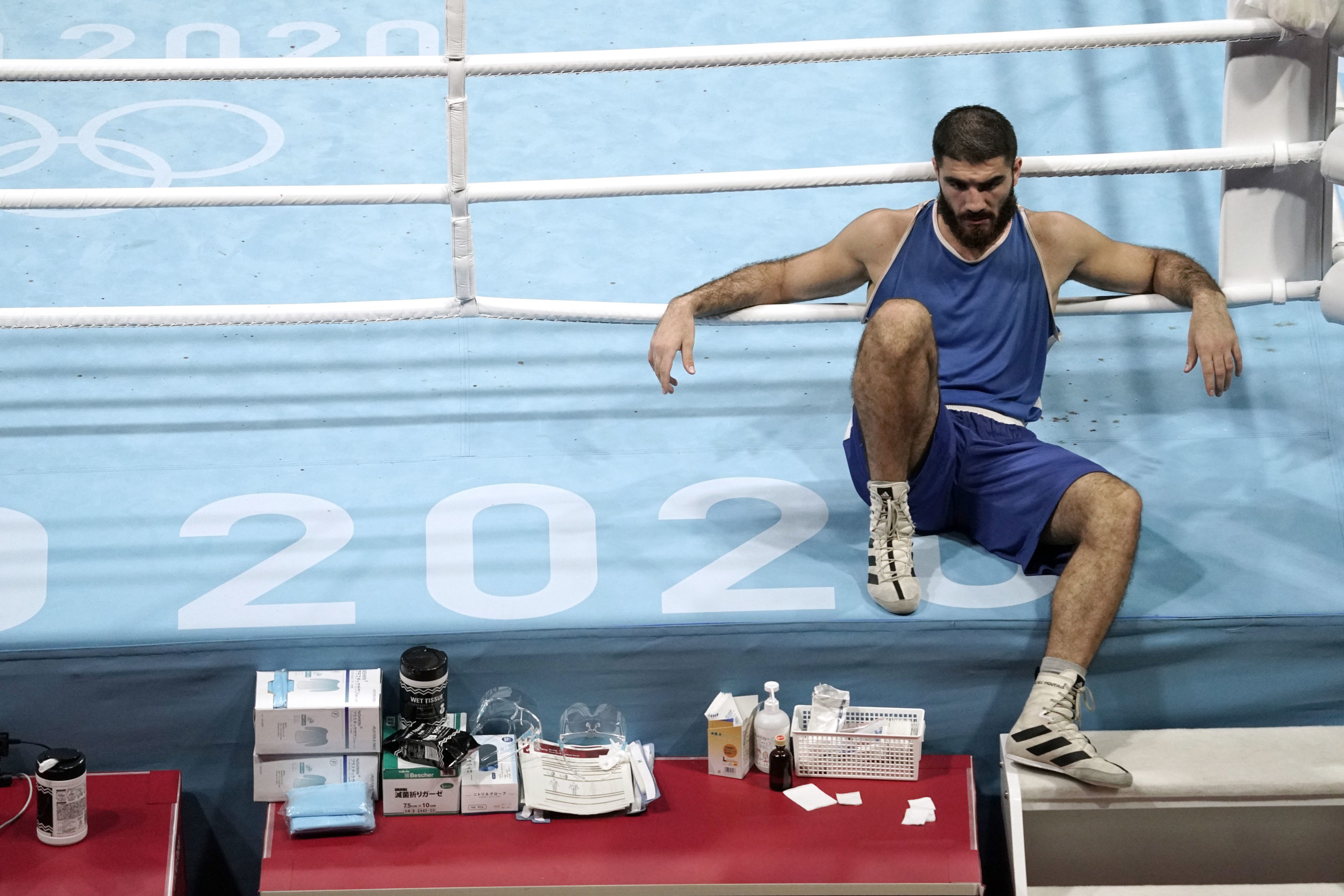 Mourad Aliev (FRA) refuses to leave the ring after being disqualified in his men's super heavy quarterfinal bout against Frazer Clarke (GBR) during the Tokyo 2020 Olympic Summer Games at Kokugikan Arena. 