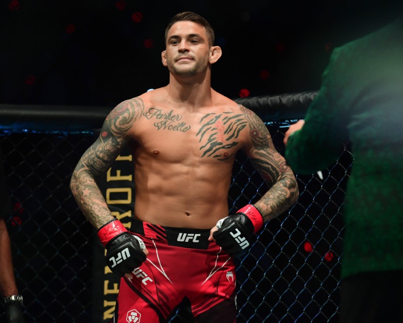 Dustin Poirier reacts before fighting against Conor McGregor during UFC 264 at T-Mobile Arena. 