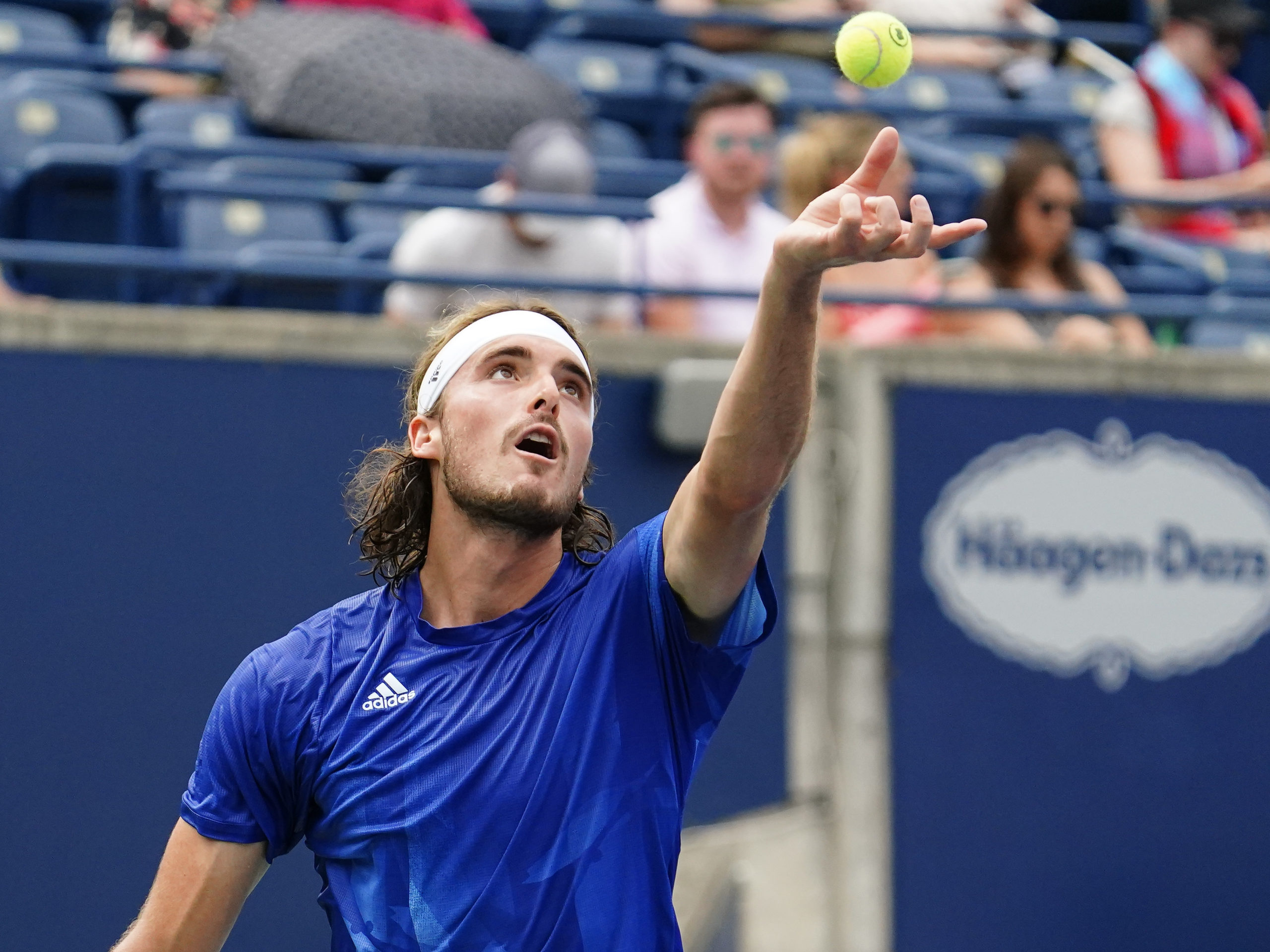 Stefanos Tsitsipas of Greece serves a ball to Casper Ruud of Norway  (not pictured) at Aviva Centre. 