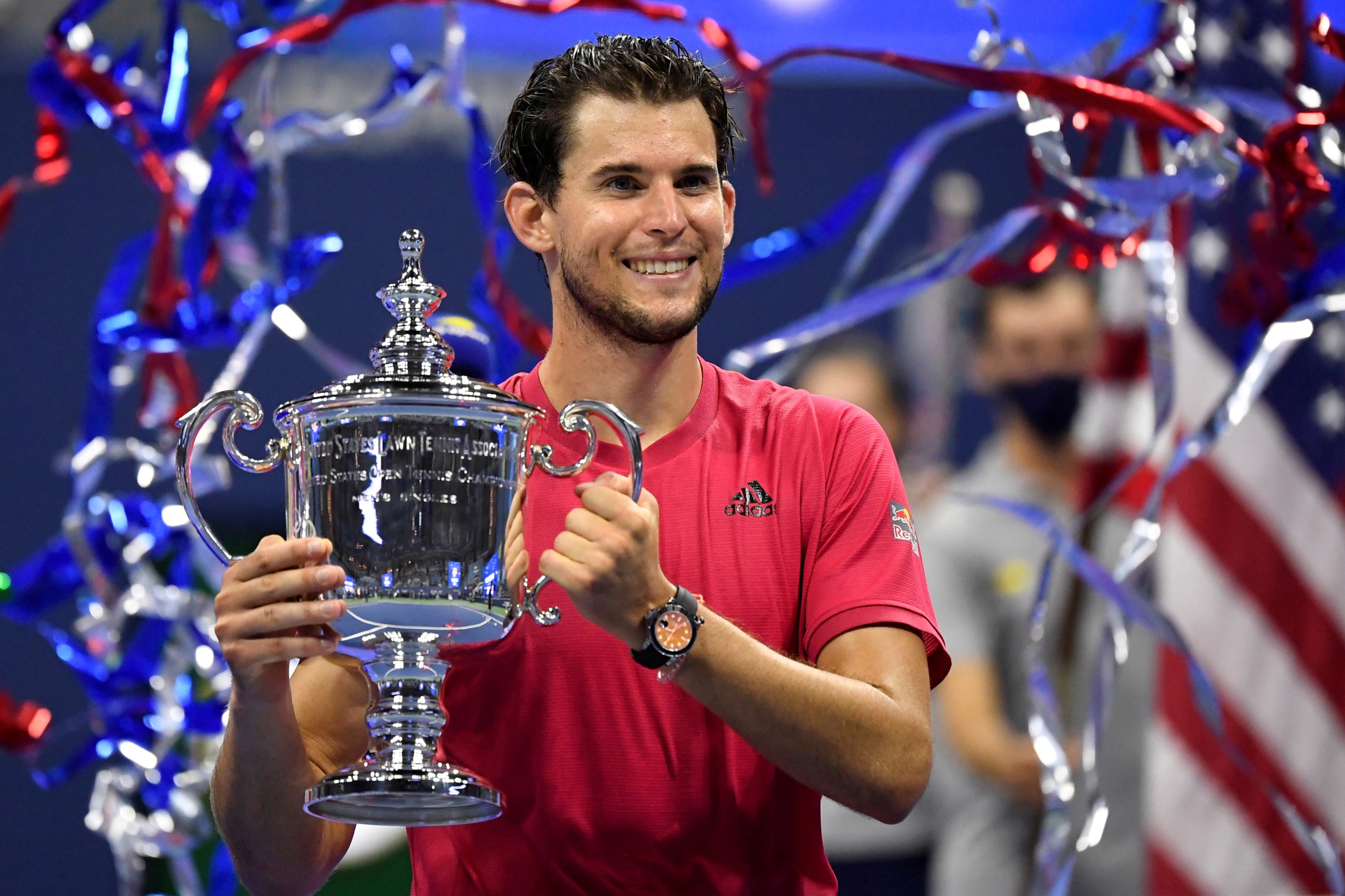 Dominic Thiem of Austria celebrates with the championship trophy after his match against Alexander Zverev of Germany (not pictured) in the men's singles final match on day fourteen of the 2020 U.S. Open tennis tournament at USTA Billie Jean King National Tennis 