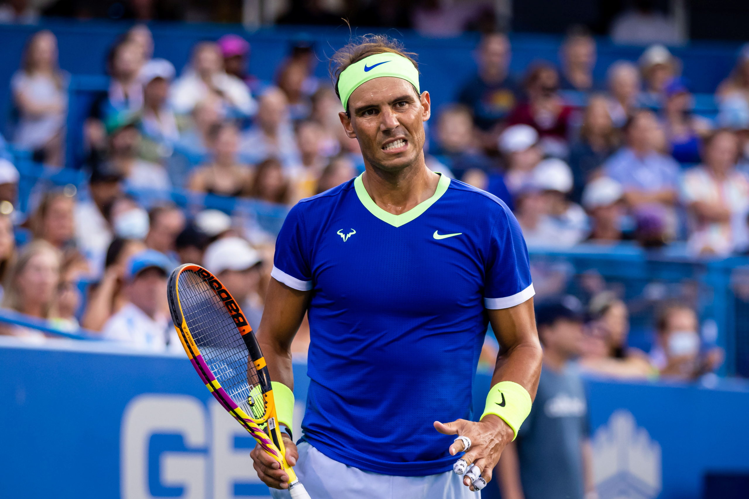 Rafael Nadal of Spain reacts during the Citi Open at Rock Creek Park Tennis Center