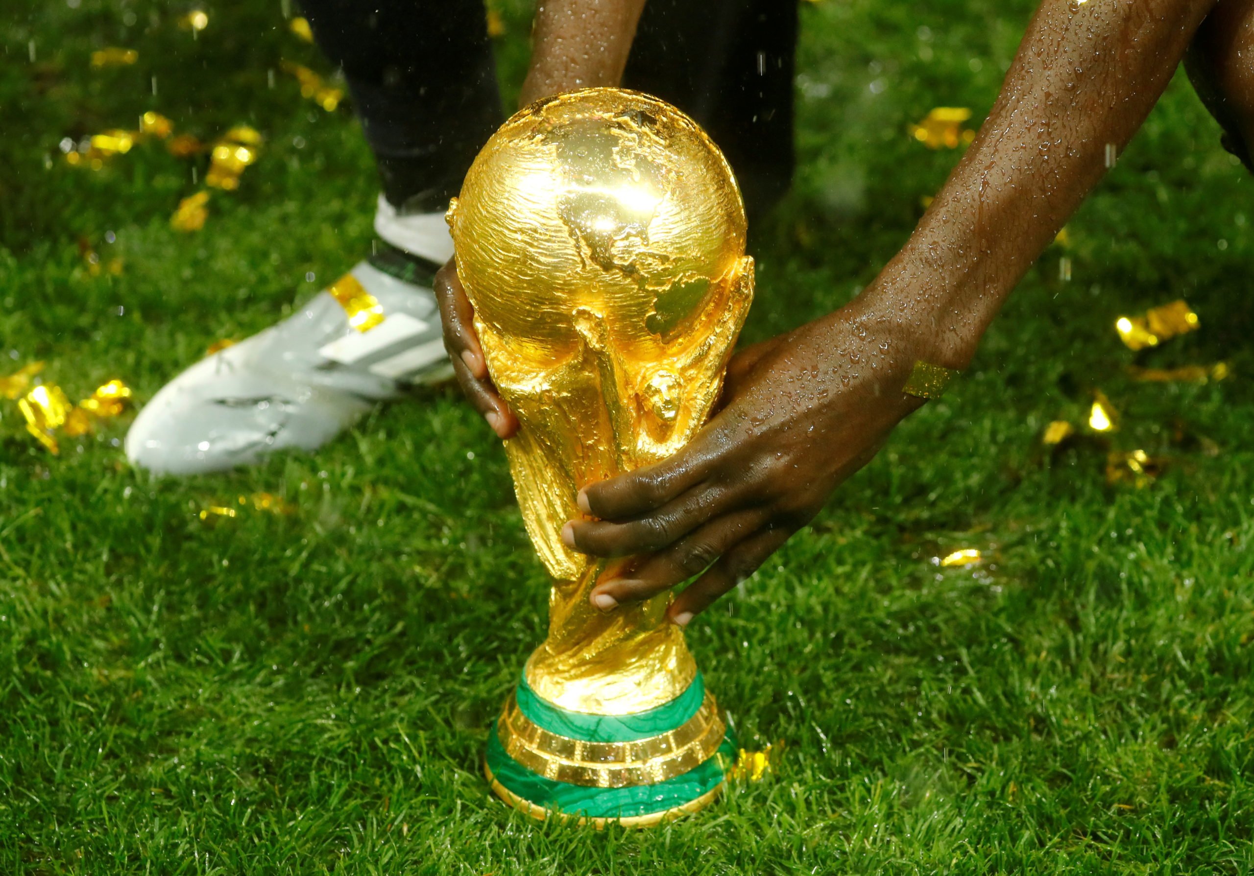 General view of the trophy as France celebrate after winning the World Cup