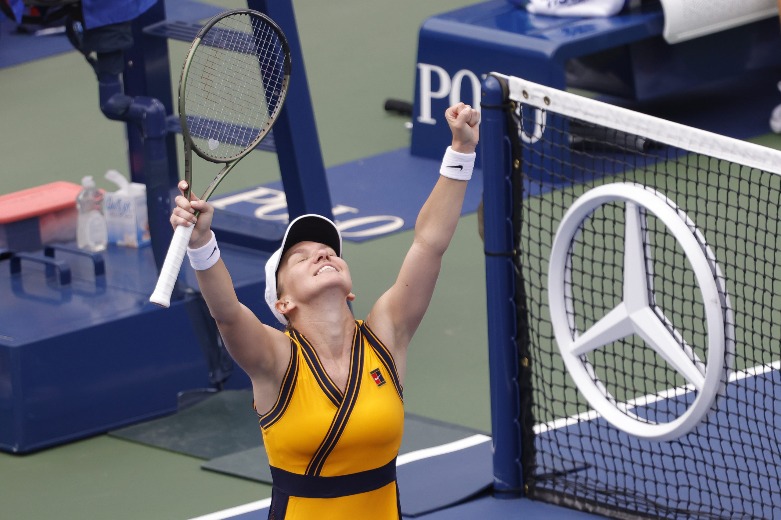Simona Halep (ROU) celebrates after her match against Camila Giorgi (ITA) (not pictured) on day one of the 2021 U.S. Open tennis tournament at USTA Billie King National Tennis Center. 
