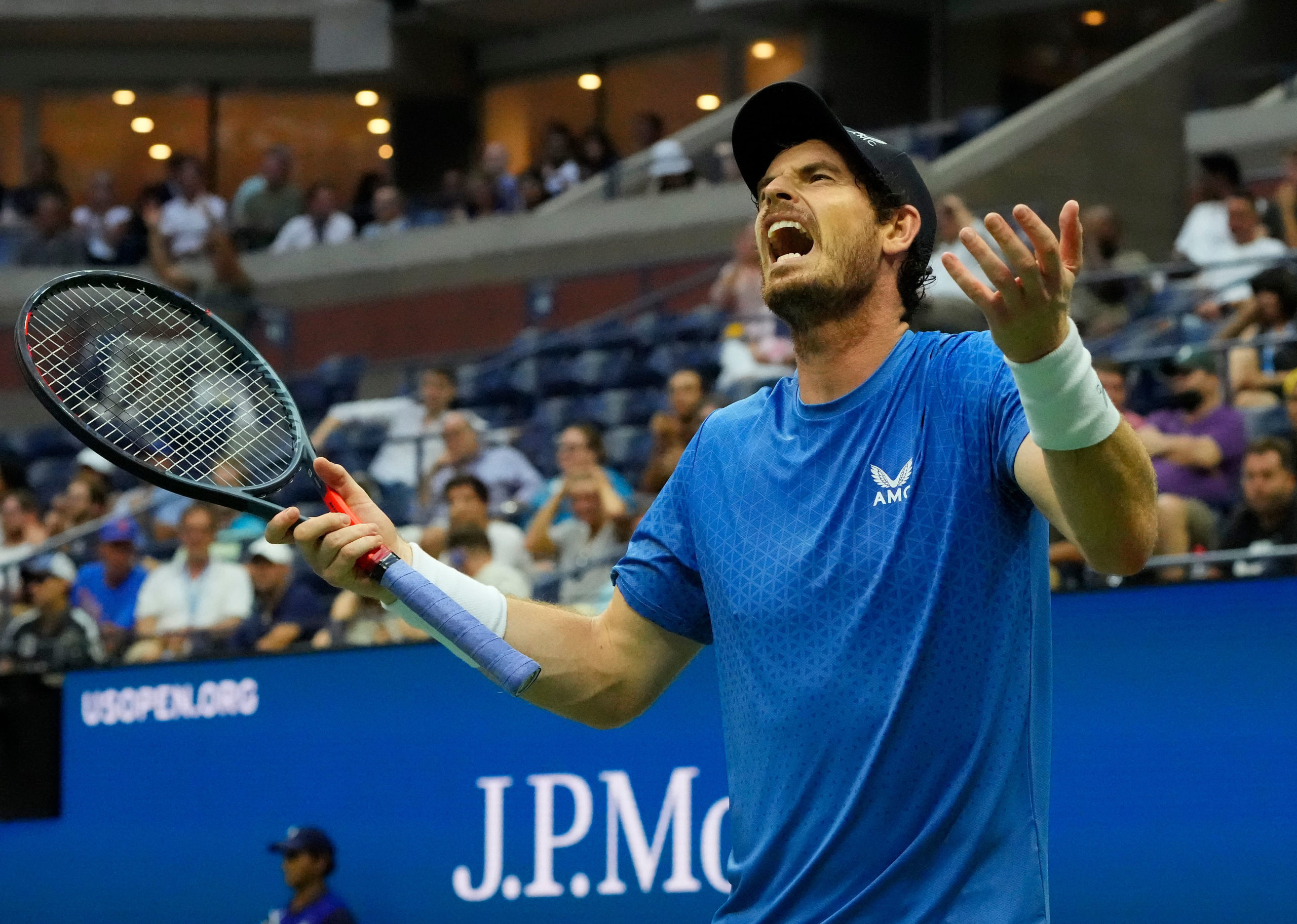 Andy Murray of Great Britain after a 5th set miss to Stefanos Tsitsipas of Greece on day one of the 2021 U.S. Open tennis tournament at USTA Billie King National Tennis Center