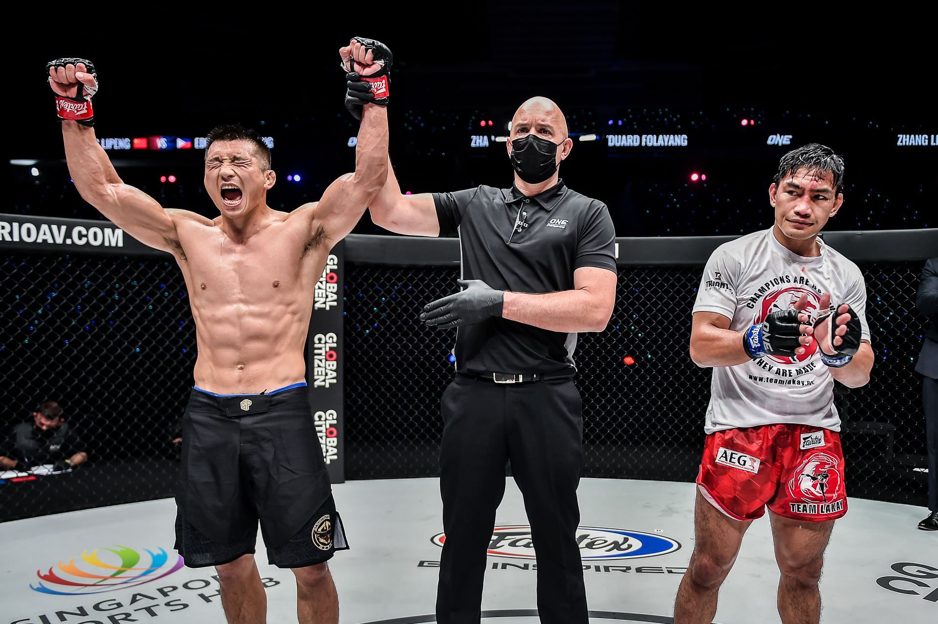 Zhang Lipeng reacts after beating Eduard Folayang in ONE Championship