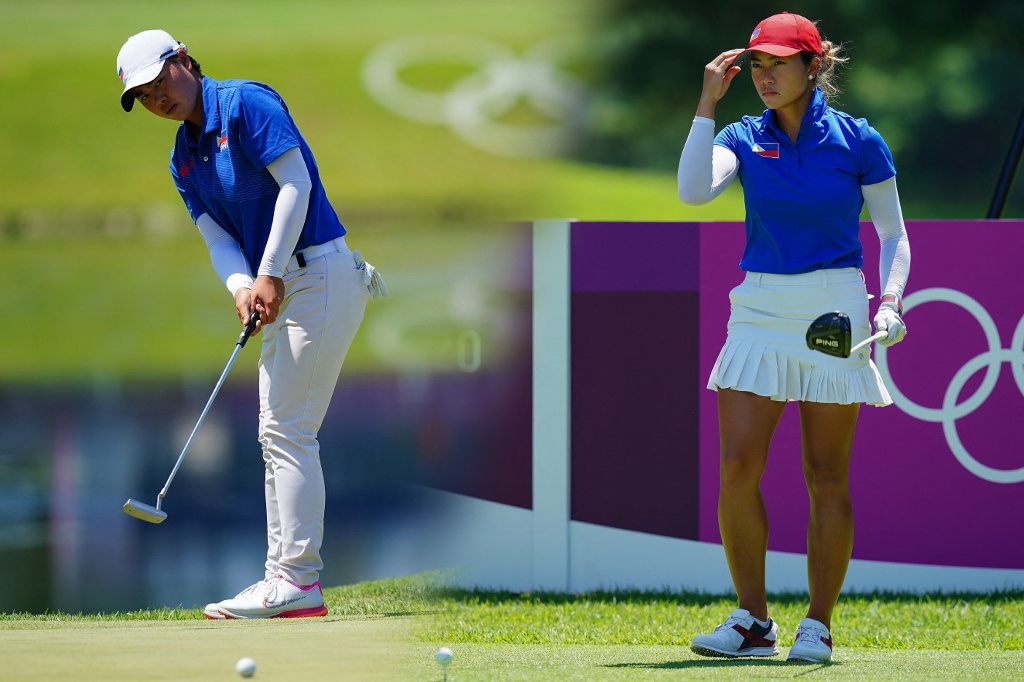 Philippines' Yuka Saso and Bianca Pagdanganan in round 2 of the women's golf individual stroke play during the Tokyo 2020 Olympic Games at the Kasumigaseki Country Club in Kawagoe on August 5, 2021