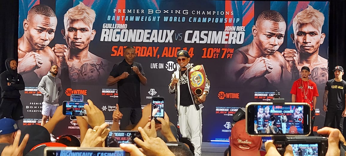 Guillermo Rigondeaux and John Riel Casimero during the final press conference for their WBO bout. 