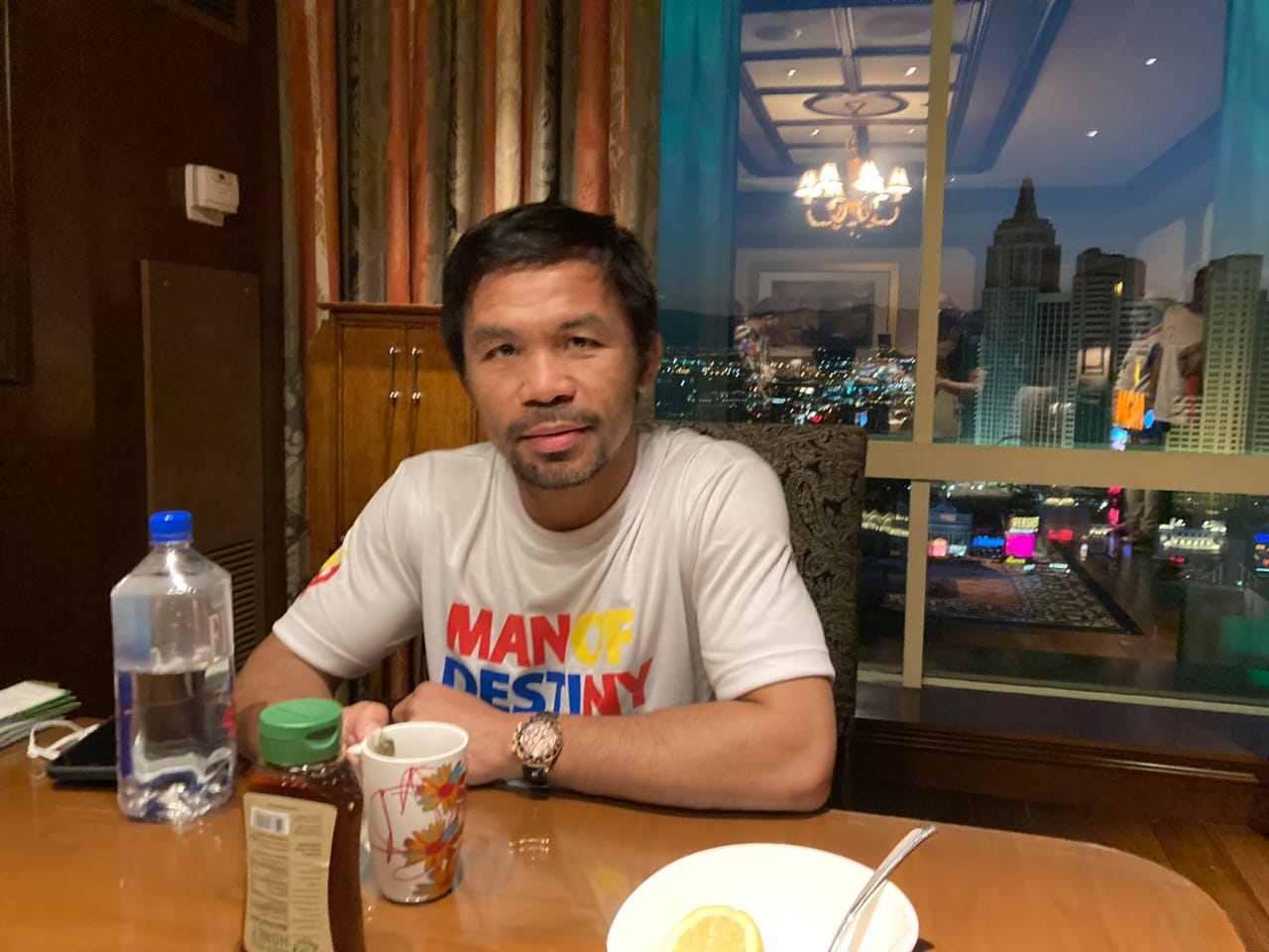 Manny Pacquiao inside his suite at MGM Grand in Las Vegas. He fights Cuban Yordenis Ugas on Sunday (Manila time).