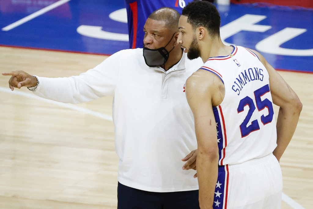 FILE–Head coach Doc Rivers of the Philadelphia 76ers speaks with Ben Simmons.
