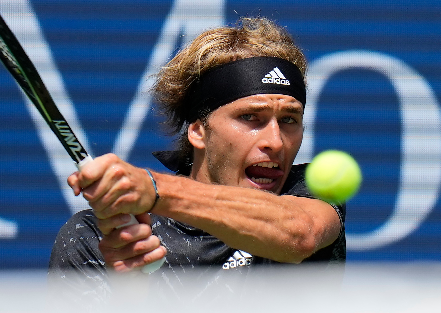 Alexander Zverev of Germany hits to Sam Querrey of the USA on day two of the 2021 U.S. Open tennis tournament at USTA Billie Jean King National Tennis Center. 