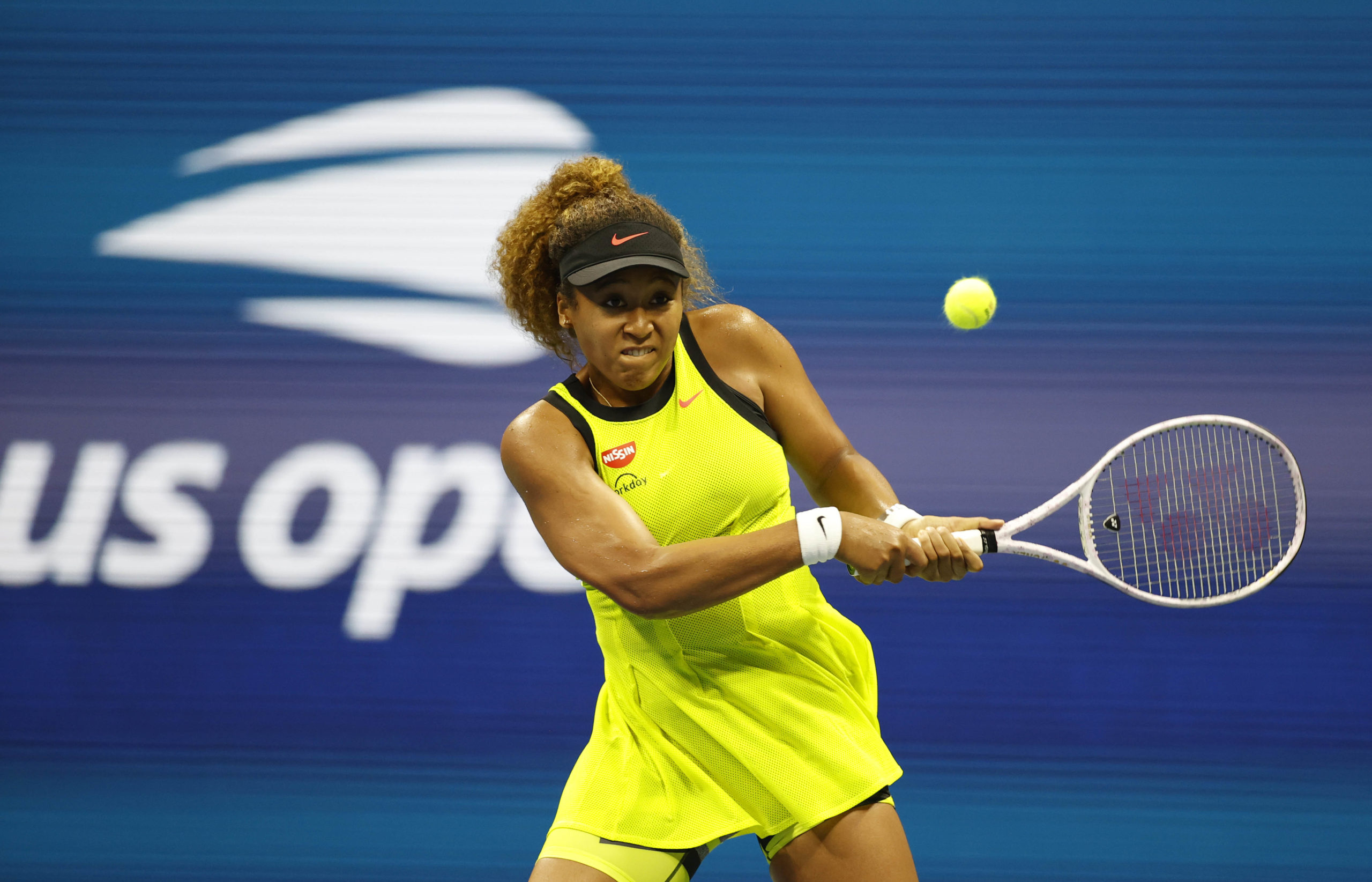 Naomi Osaka of Japan in action against Marie Bouzkova of Czech Republic in the first round on day one of the 2021 U.S. Open tennis tournament at USTA Billie King National Tennis Center.