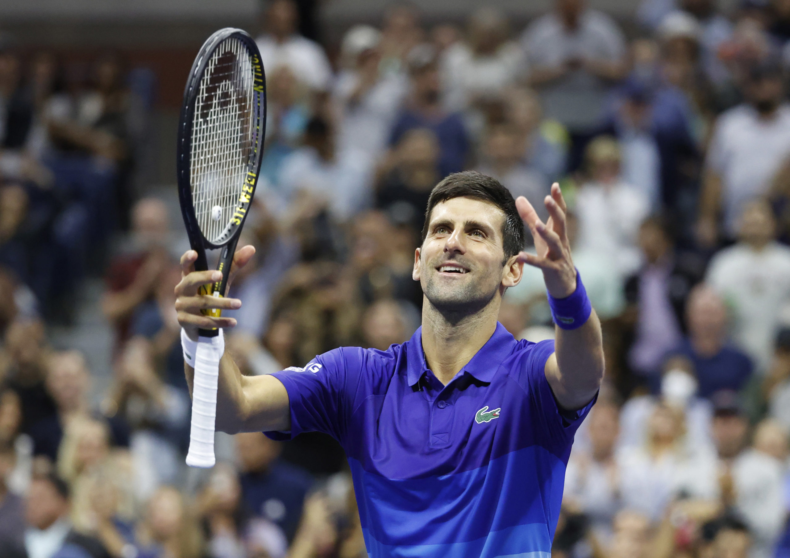 Novak Djokovic of Serbia celebrates after recording match point against Tallon Griekspoor of Netherlands in a second round match on day four of the 2021 U.S. Open tennis tournament at USTA Billie Jean King National Tennis Center.