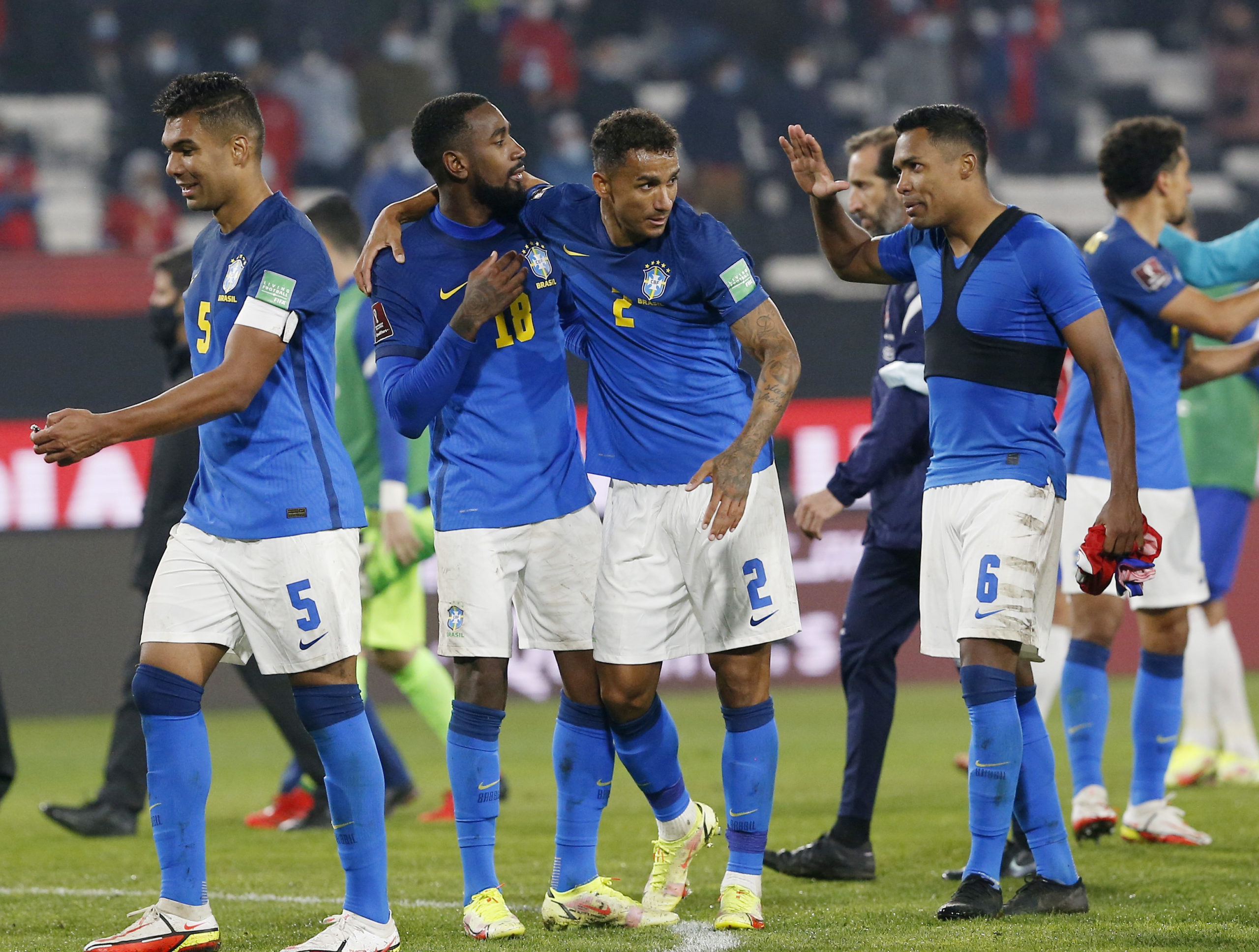 Brazil's Danilo celebrates with teammates after the match P