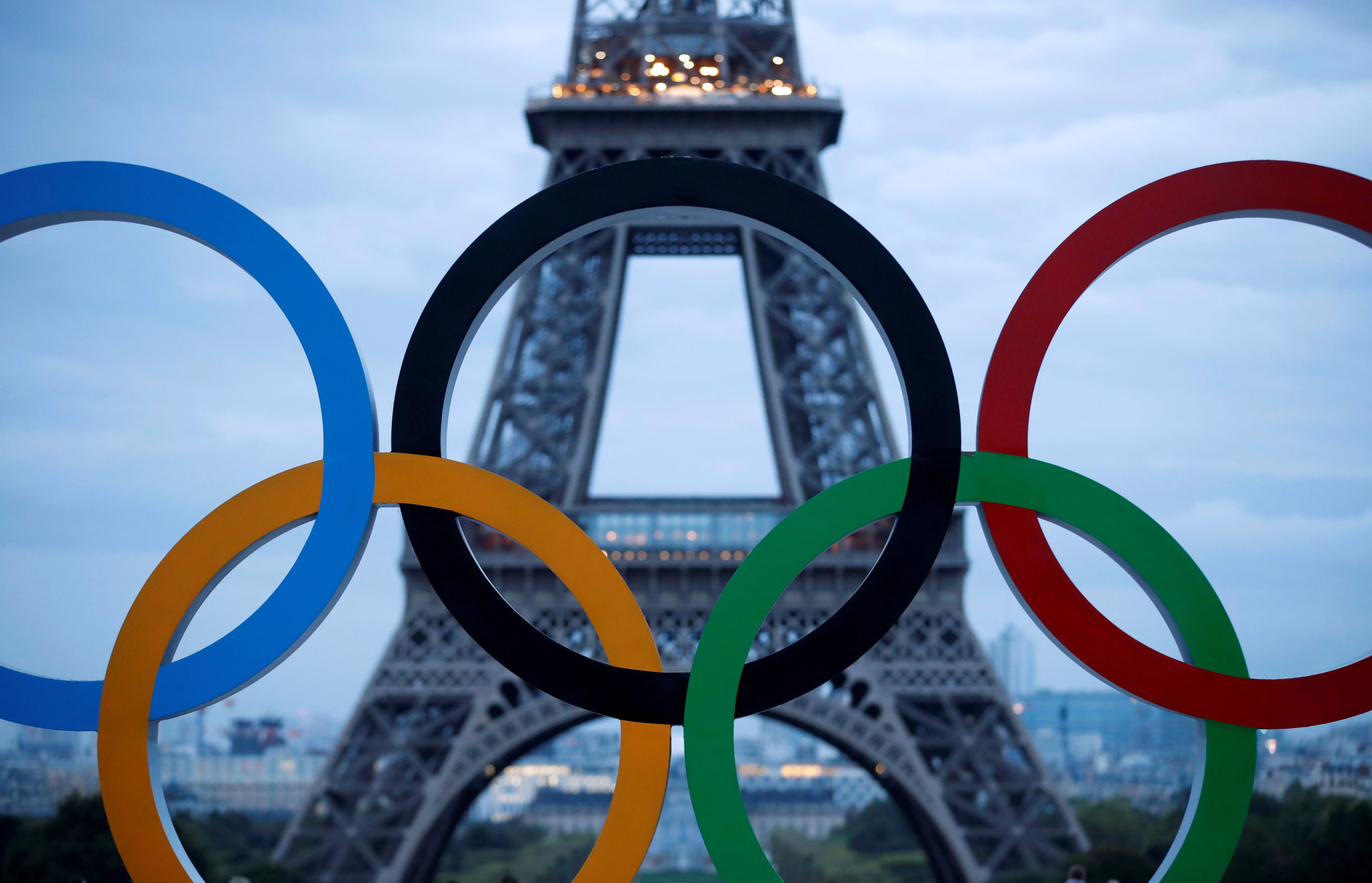 Olympic rings to celebrate the IOC official announcement that Paris won the 2024 Olympic bid are seen in front of the Eiffel Tower at the Trocadero square in Paris, France, September 14, 2017.   