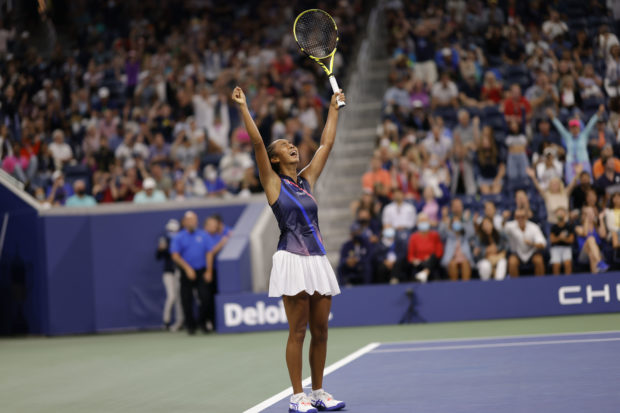 Leylah Fernandez of Canada celebrates after match point against Angelique Kerber of Germany (not pictured) on day seven of the 2021 U.S. Open tennis tournament at USTA Billie King National Tennis Center. 
