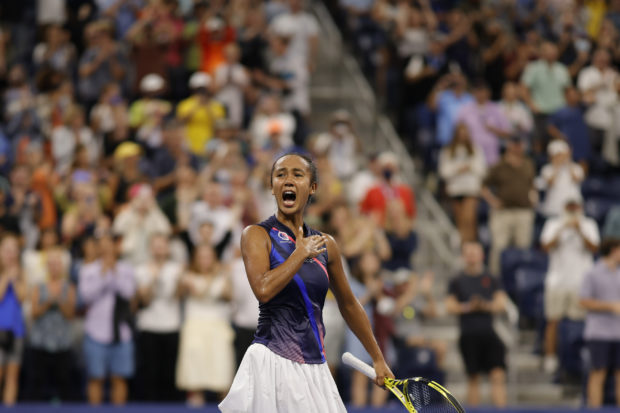 Leylah Fernandez of Canada celebrates after match point against Angelique Kerber of Germany (not pictured) on day seven of the 2021 U.S. Open tennis tournament at USTA Billie King National Tennis Center. Mandatory Credit: Geoff Burke-USA TODAY Sport