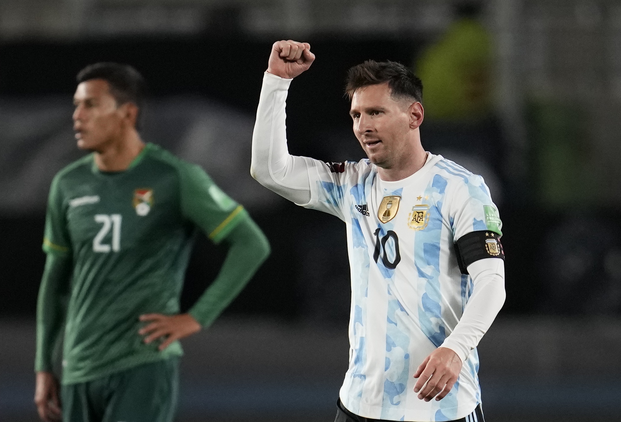 Argentina's Lionel Messi celebrates scoring their first goal