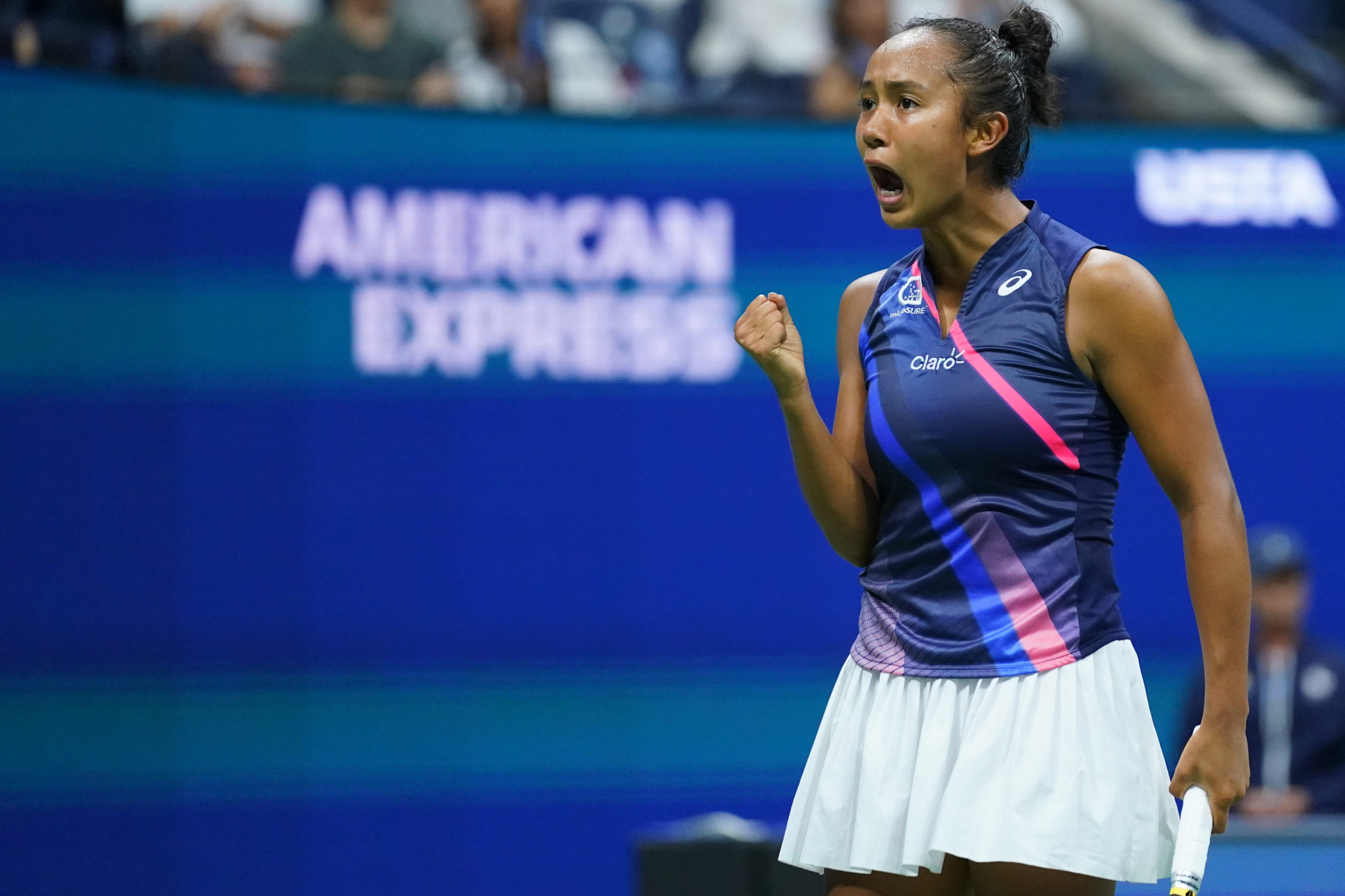 Leylah Fernandez of Canada reacts after winning a point against Aryna Sabalenka of Belarus (not pictured) on day eleven of the 2021 U.S. Open tennis tournament at USTA Billie Jean King National Tennis 