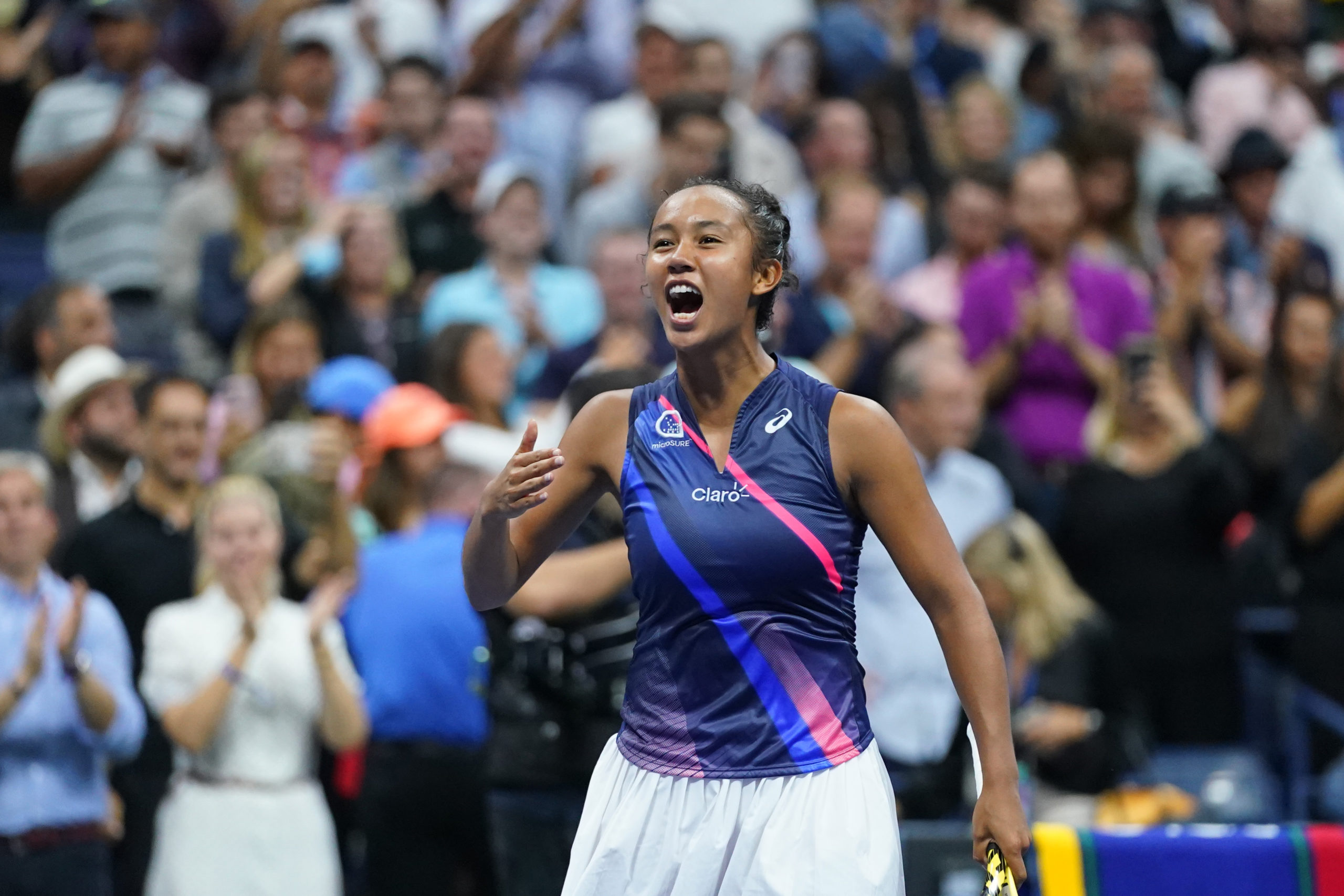 Leylah Fernandez of Canada celebrates after her match against Aryna Sabalenka of Belarus (not pictured) on day eleven of the 2021 U.S. Open tennis tournament at USTA Billie Jean King National Tennis Center.