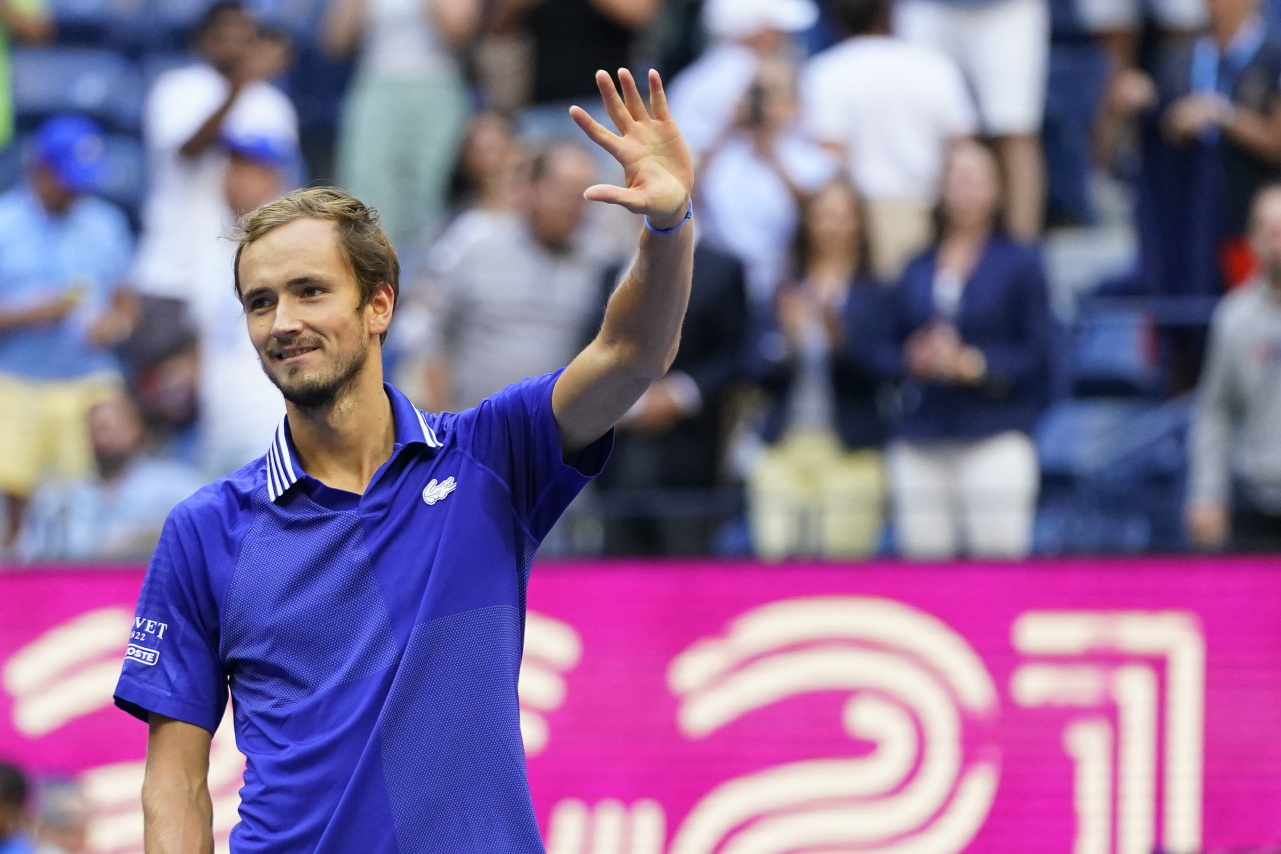 Daniil Medvedev of Russia waves to the crowd after his match against Felix Auger-Aliassime of Canada (not pictured) on day twelve of the 2021 U.S. Open tennis tournament at USTA 