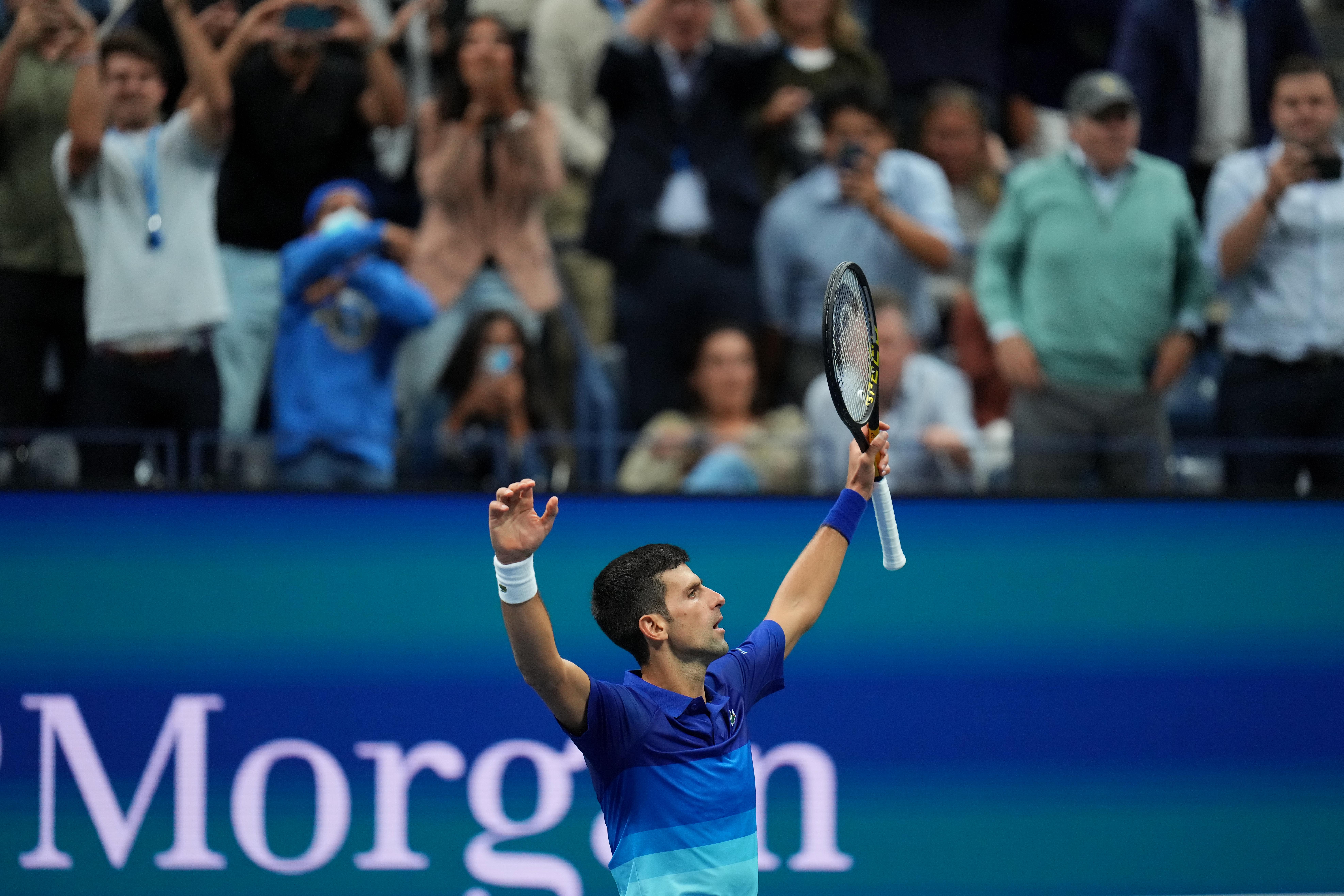  Novak Djokovic of Serbia celebrates after his match against Alexander Zverev of Germany (not pictured) on day twelve of the 2021 U.S. Open tennis 