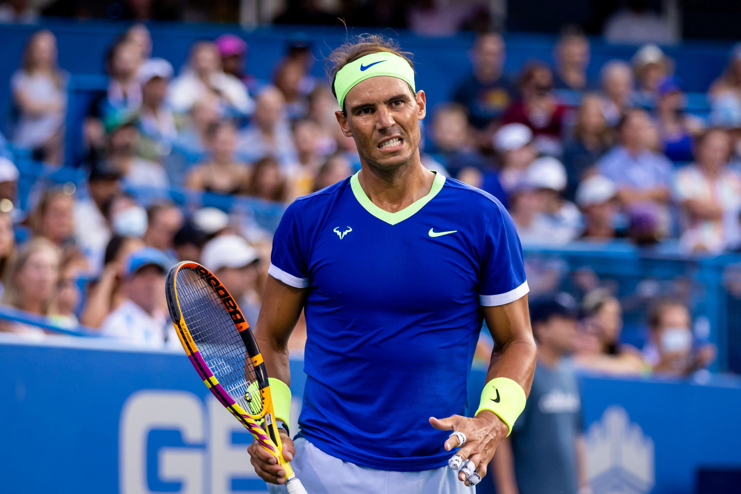 FILE – Rafael Nadal of Spain reacts during the Citi Open at Rock Creek Park Tennis Center. Mandatory Credit: