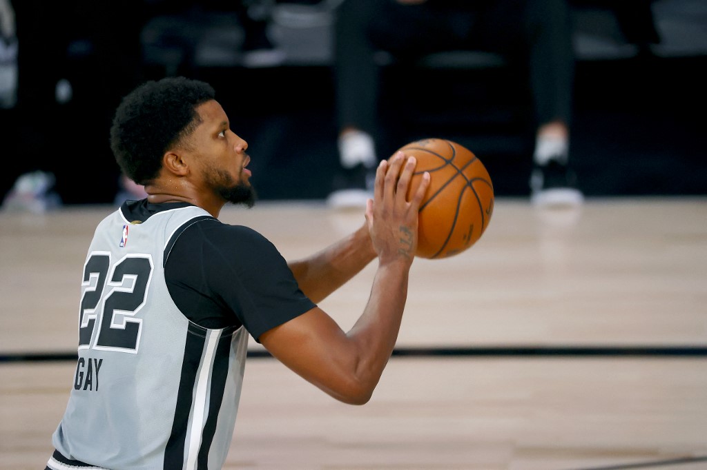 Rudy Gay #22 of the San Antonio Spurs attempts a free throw against the Philadelphia 76ers during the second quarter at Visa Athletic Center at ESPN Wide World Of Sports Complex on August 03, 2020 in Lake Buena Vista, Florida.