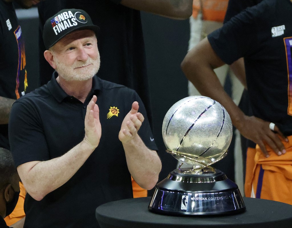 Owner Robert Sarver stands with the Western Conference Championship trophy after the Suns beat the LA Clippers to win the series in Game Six of the Western Conference Finals at Staples Center on June 30, 2021 in Los Angeles, California. The Suns beat the Clippers to advance to the NBA Finals. 