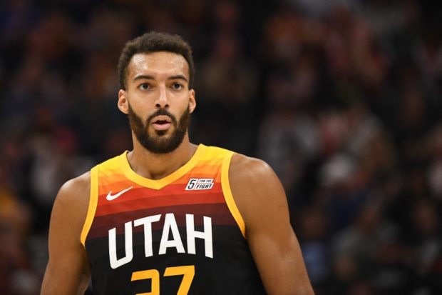 Rudy Gobert #27 of the Utah Jazz looks on during a game against the Oklahoma City Thunder at Vivint Smart Home Arena on October 20, 2021 in Salt Lake City, Utah.