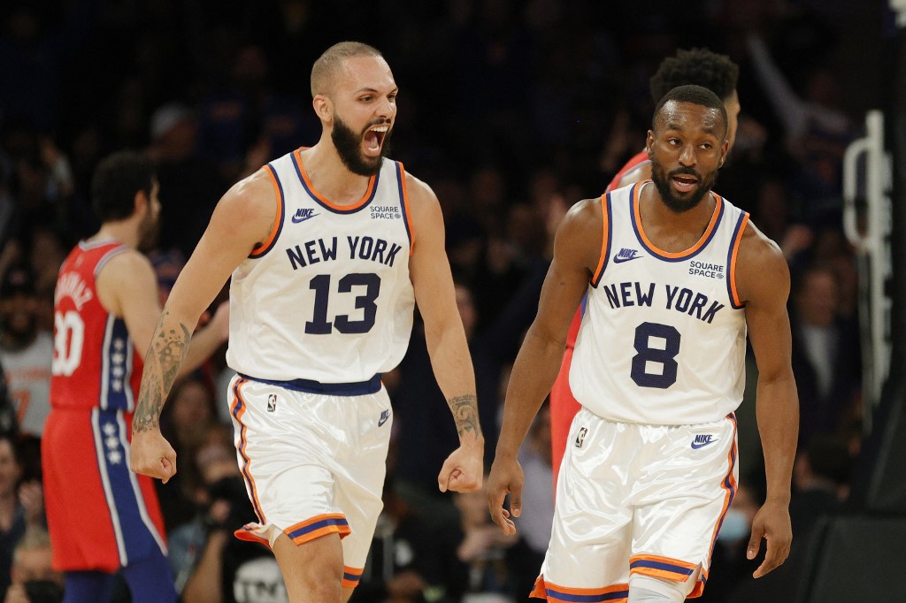  Evan Fournier #13 reacts with Kemba Walker #8 of the New York Knicks during the first half against the Philadelphia 76ers a