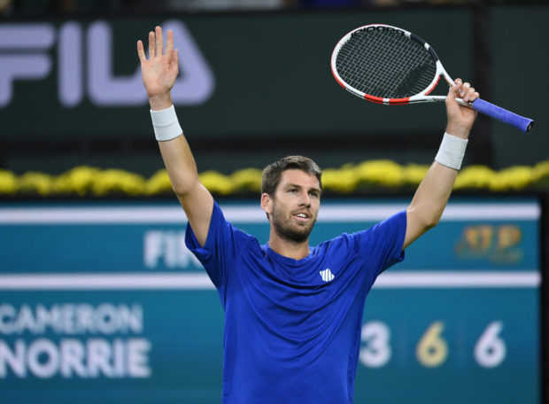Cameron Norrie (GBR) celebrates after defeating Nikoloz Basilashvili (GEO) in the men's final in the BNP Paribas Open at the Indian Wells Tennis Garden. Mandatory Credit: Jayne Kamin-Oncea-USA TODAY Sports