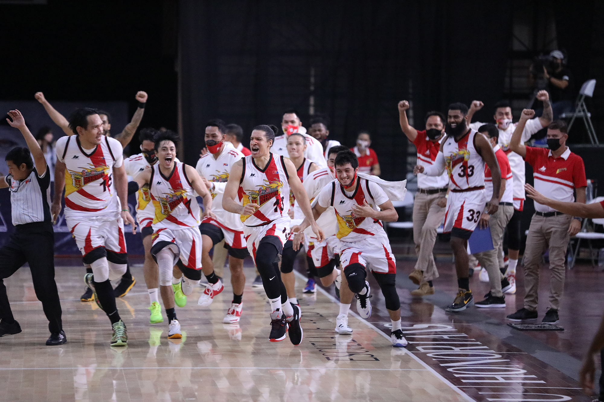 San Miguel celebrates last-minute victory over TNT in Game 2.