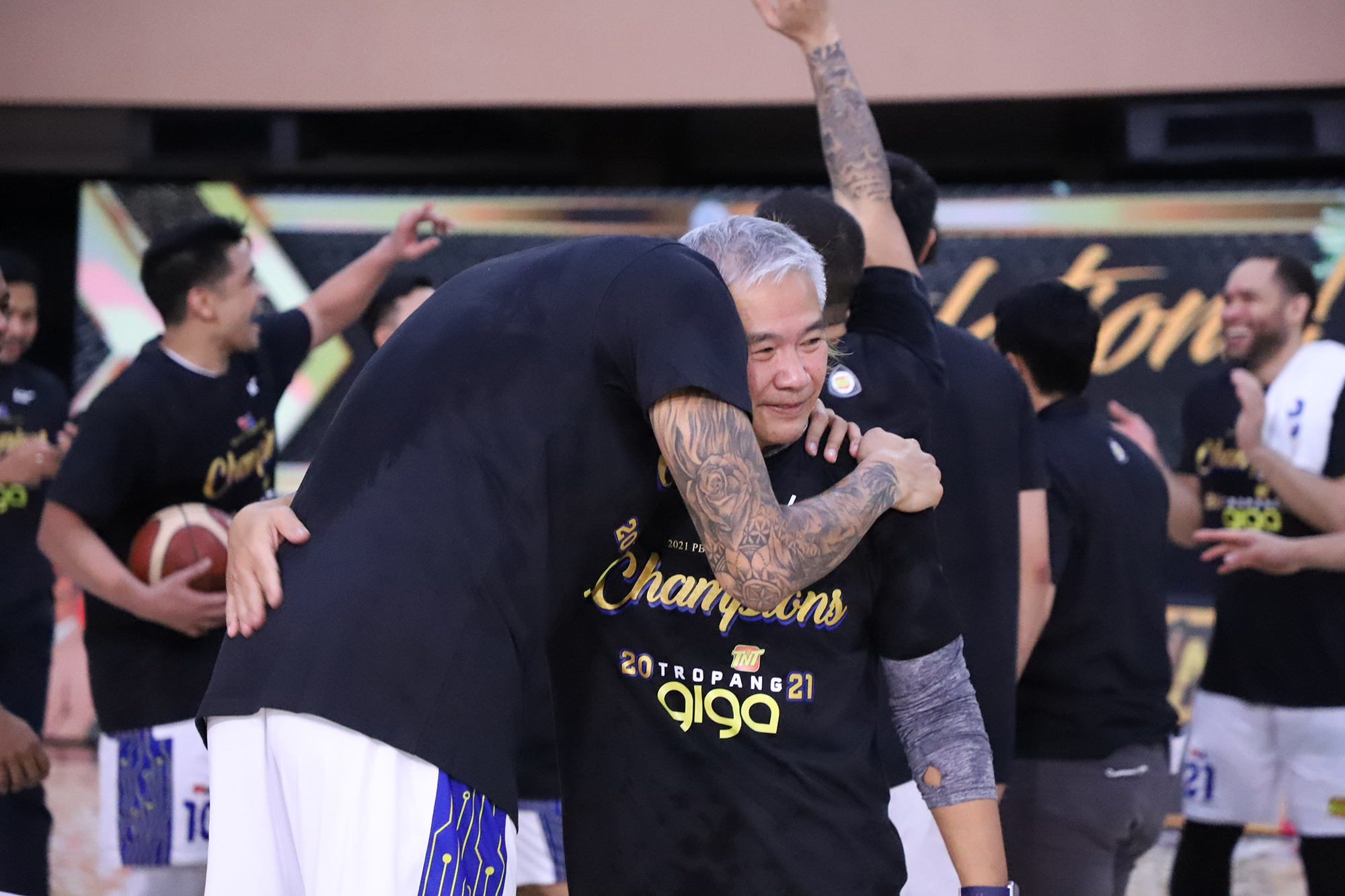 TNT coach Chot Reyes celebrates his PBA title in his return from retirement. 