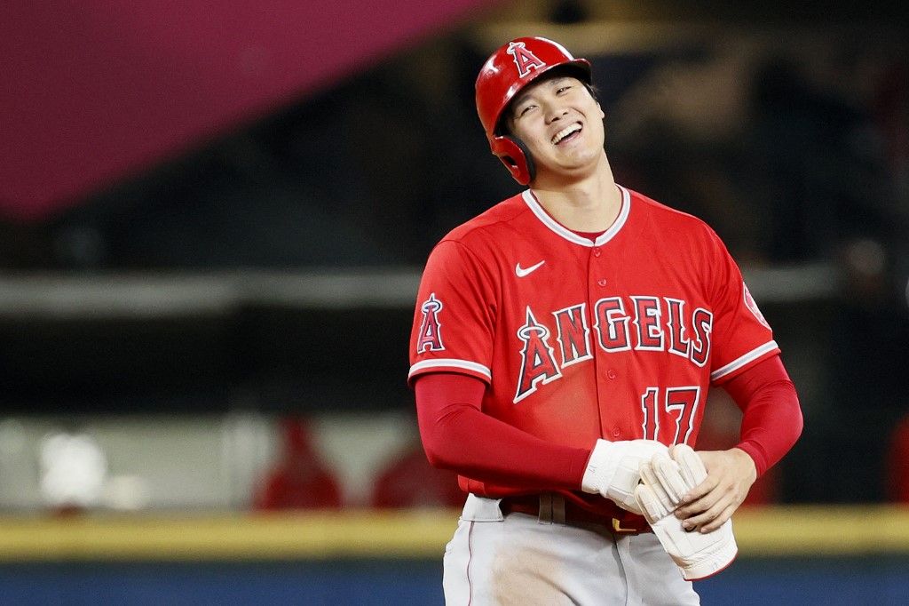 (FILES) In this file photo taken on October 2, 2021 Shohei Ohtani #17 of the Los Angeles Angels reacts as he stands on second base during the sixth inning against the Seattle Mariners at T-Mobile Park in Seattle, Washington. 