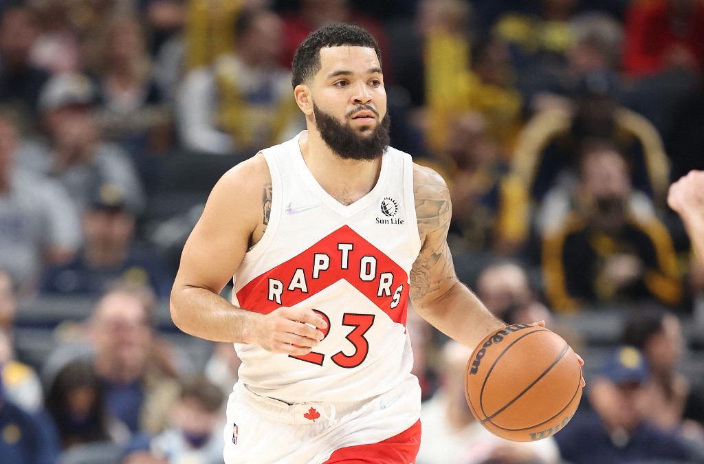 Fred VanVleet #20 of the Toronto Raptors against the Indiana Pacers at Gainbridge Fieldhouse on October 30, 2021 in Indianapolis, Indiana. 